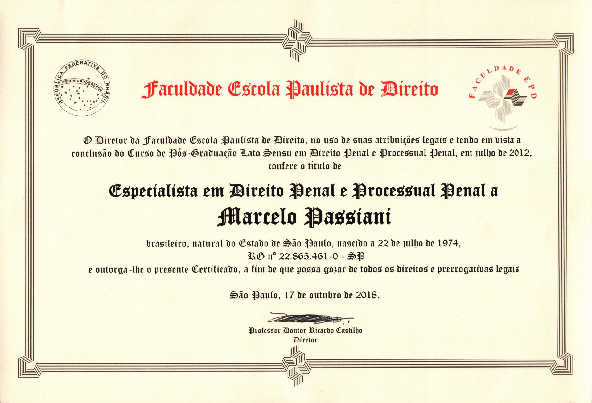 Certificado — Especialista em Direito Penal e Processual Penal